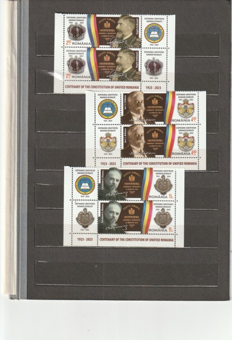 ROMANIA 2023 LP 2410 LP 2410 a CENTENARUL CONSTITUTIEI ROMANIEI INTREGITE 2 SERII CU VINIETE + COLITA MNH NESTAMPILATE