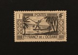 Timbru Aşezările Franceze din Oceania 1913 Peisaj Polinezian Pescari &icirc;n Pirogă 1c Sepia Neștampilat - A992