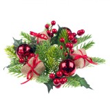 Aranjament decorativ pentru masa de Craciun, model coronita cu cadouri, globuri si fructe, 25 cm, Multicolor