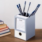 Suport pentru pixuri din plastic cu sertar si calendar, Gri, 13x8x7,9 cm, CMCLASS