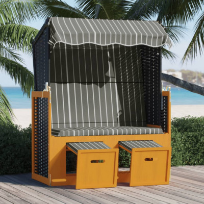 vidaXL Scaun de plajă cu baldachin, negru/gri, poliratan și lemn masiv foto