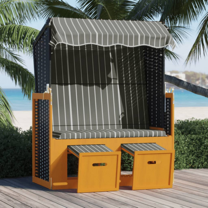vidaXL Scaun de plajă cu baldachin, negru/gri, poliratan și lemn masiv