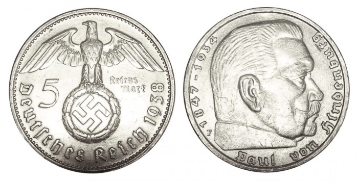 q405 GERMANIA NAZISTA 5 MARCI REICHS MARK 1938 F ARGINT EF