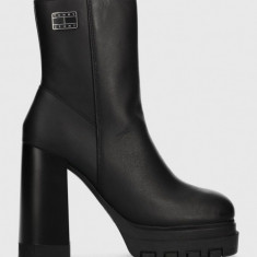 Tommy Jeans cizme de piele TJW HIGH HEEL ANKLE BOOT femei, culoarea negru, cu toc drept, EN0EN02256