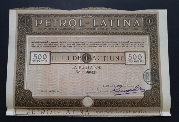 Actiune 1925 soc. Petrol Latina , titlu , actiuni