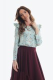 Bluza din vascoza cu imprimeu floral, maneci lungi si volanas, 34, 36, 38, 40, 42, 44, Bleu, Onibon