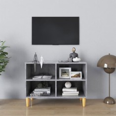 vidaXL Comodă TV, picioare lemn masiv, gri beton, 69,5x30x50 cm