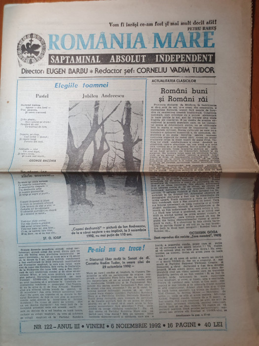 ziarul romania mare 6 noiembrie 1992-discursul lui vadim tudor in senat