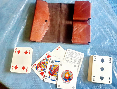 E129-Set 2 perechi carti joc vechi carton 52+ 2 Jokeri si 1 reclama. foto