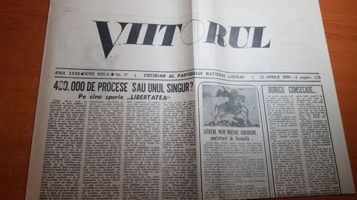 ziarul viitorul 23 aprilie 1990-cotidian al partidului national liberal