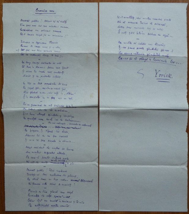 Manuscrisul poeziei parodice Cronica mea de Alexandru Hodos , semnata Yorick