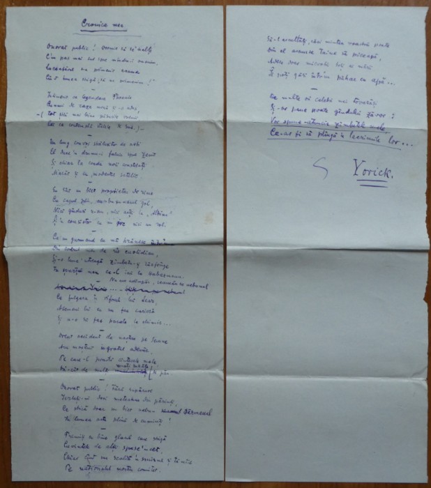 Manuscrisul poeziei parodice Cronica mea, de Alexandru Hodos, semnata de acesta cu pseudonimul literar Yorick