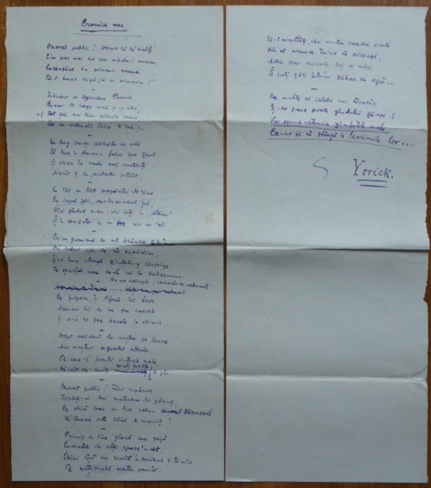 Manuscrisul poeziei parodice Cronica mea de Alexandru Hodos , semnata Yorick