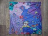 Esarfa batic de matase naturala, vopsita manual si pictata manual pentru copii decorata cu imagini cu clovn, flori, fluturi si buburuza 43cmx 43cm