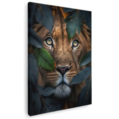 Tablou canvas portret leu inteligenta artificiala in nuante maro, verde, negru 1068 Tablou canvas pe panza CU RAMA 70x100 cm