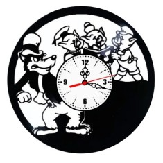 Ceas de perete decorativ realizat din disc de vinil, Model Cei Trei Purcelusi si Lupul Cel Rau Poveste Copii, Negru, 30 cm