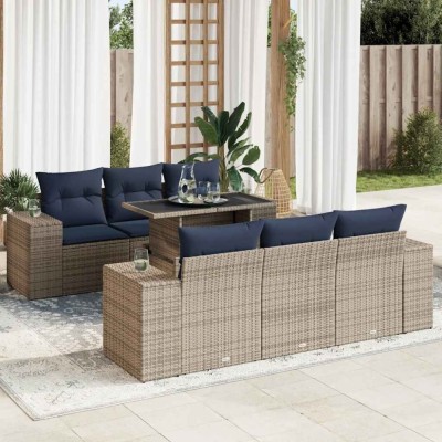 vidaXL Set canapele grădină cu perne 7 piese gri poliratan/lemn acacia 3326742 foto