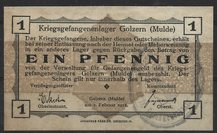 RARR : GERMANIA = LAGERGELD GOLZERN (MULDE) - 1 PFENNIG 1916 - AUNC / IN SCAN
