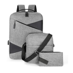 Set, Trio Rucsac Laptop, cu USB, Gri, din poliester, port usb extern, compartimente multiple pentru organizare eficienta