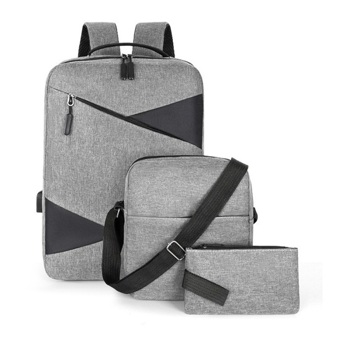 Set, Trio Rucsac Laptop, cu USB, Gri, din poliester, port usb extern, compartimente multiple pentru organizare eficienta