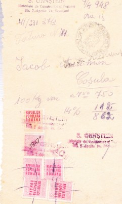 AMS - FACTURA S. ORNSTEIN MATERIALE DE CONSTRUCTIE SI VOPSELE BOTOSANI 1948 foto
