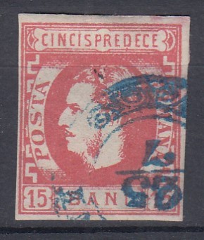 ROMANIA 1869 LP 27 REGELE CAROL I CU FAVORITI 15 BANI ROSU STAMPILAT foto