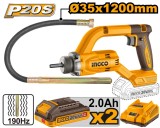 Vibrator beton INGCO CCVLI2025021E, 20V, Brushless, 0-2500 RPM, frecventa vibrare 190Hz, tija 35x1200mm, 2 acumulatori 2Ah, incarcator inclus
