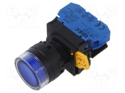Comutator acționat prin apăsare 22mm IDEC YW, 2 poziții NO, LED, IP65, albastru foto