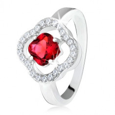 Inel argint 925, ştras rotund roşu, zirconiu transparent, floare - Marime inel: 54