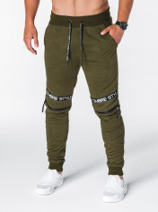 Pantaloni barbati verde slim cu banda model genunchi siret si buzunare P637 foto