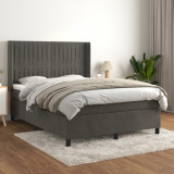 VidaXL Pat box spring cu saltea, gri &icirc;nchis, 140x190 cm, catifea