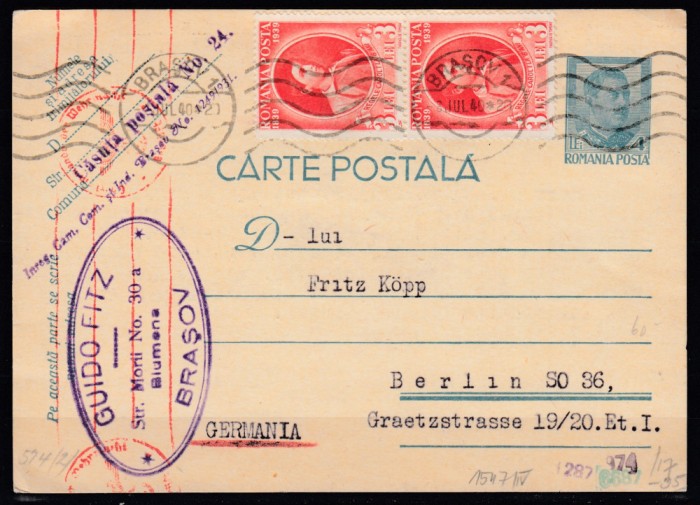 ROMANIA 1939 CP 106 REGELE CAROL II CARTE POSTALA FRANCATE CIRCULATA BRASOV-BERLIN 1940 CENZURAT