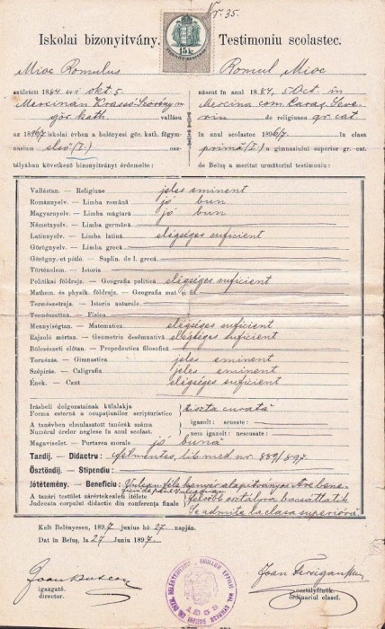 A3348N Testimoniu scolastic Romulus Mioc (viitor primar Petroșani, prefect al județului Hunedoara), 1897, Gimnaziul rom&acirc;n greco-catolic din Beiuș