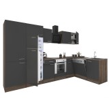 Mobilă de bucătărie de colț Yorki 340, corp stejar Yorki, front antracit satinat, element cuptor inferior, dulap cu rafturi, frigider congelator super