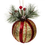 Ornament Crăciun, Glob, Spumă, Glitter, Ramură Pin, Roșu-Auriu, 8 cm