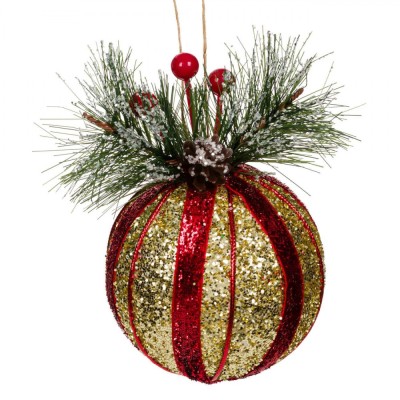 Ornament Crăciun, Glob, Spumă, Glitter, Ramură Pin, Roșu-Auriu, 8 cm foto