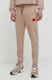 HUGO pantaloni de trening din bumbac culoarea bej, melanj 50447963