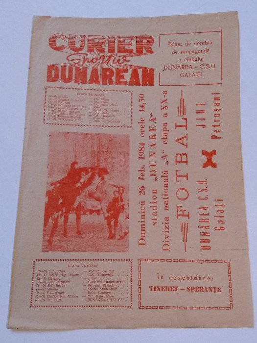 Program meci fotbal DUNAREA CSU GALATI - JIUL PETROSANI (26.02.1984)