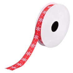 Panglică Decorativă Crăciun, Roșie, Fulgi Albi, Poliester, 5m x 9mm