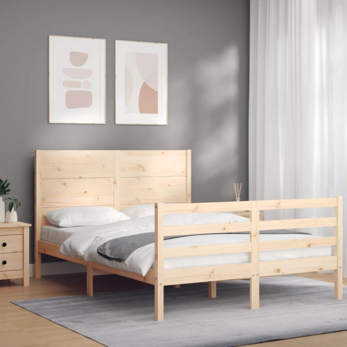 vidaXL Cadru de pat cu tăblie, dublu, lemn masiv