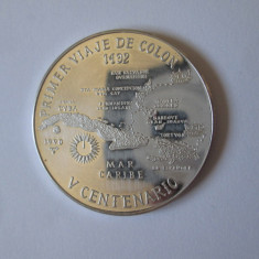 Rară! Cuba 10 Pesos 1990 Proof arg.999:Prima călătorie Columb,dm=38 mm,gr=20 gr