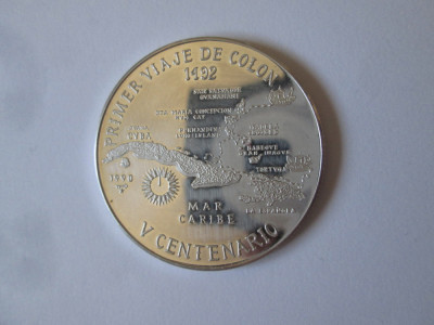 Rară! Cuba 10 Pesos 1990 Proof arg.999:Prima călătorie Columb,dm=38 mm,gr=20 gr foto