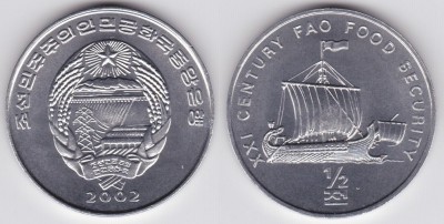 Corea de Nord 1/2 chon 2002 FAO UNC Corabie antica foto