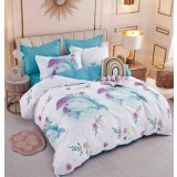 Lenjerie pat single,bumbac finet,4 piese,alba cu flori si delfini-A597