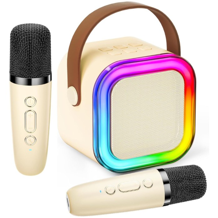 Set 2 Microfoane Karaoke si Boxa, Wireless, Bluetooth, Lumina LED RGB, Sunet Stereo 3D, 5 Efecte Vocale, MicroSD Card, Aux, pentru Petreceri, Spectaco