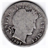 SUA One Dime=10 Cents 1907 S argint 90% 2,3 grame necuratata cu patina, America de Nord