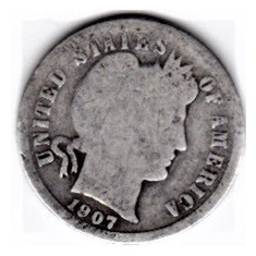 SUA One Dime=10 Cents 1907 S argint 90% 2,3 grame necuratata cu patina