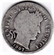 SUA One Dime=10 Cents 1907 S argint 90% 2,3 grame necuratata cu patina foto