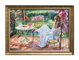 Tablou pictat manual inramat, Tanara pe terasa, 80x60cm ulei pe panza, delicat, Mircea Iordache