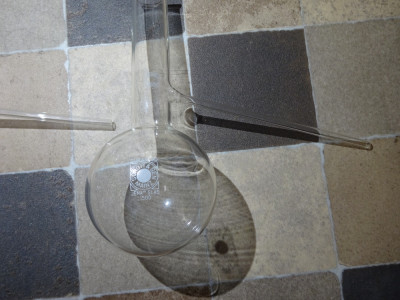 Balon distilare cu tub lateral Duran 50 Jena Glas /sticlarie laborator vintage foto